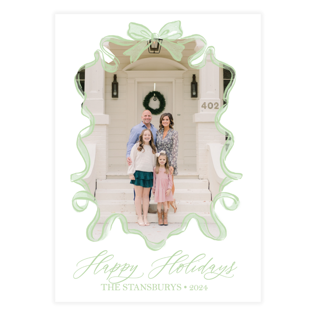 Light Green Tulle Wavy Bow Frame Holiday Card