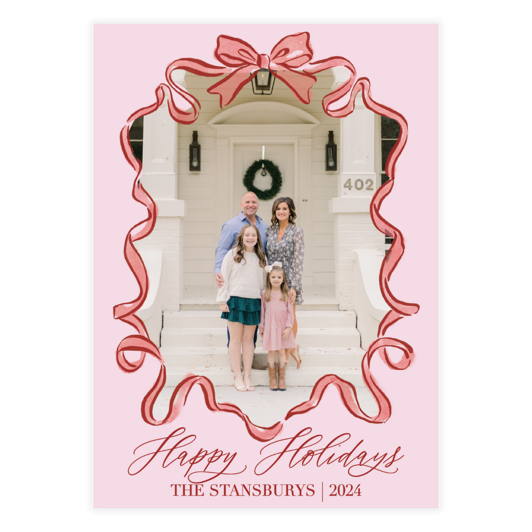 Red & Pink Tulle Wavy Bow Frame Holiday Card