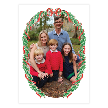 Classic Red Bow Oval Garland Frame Holiday Card