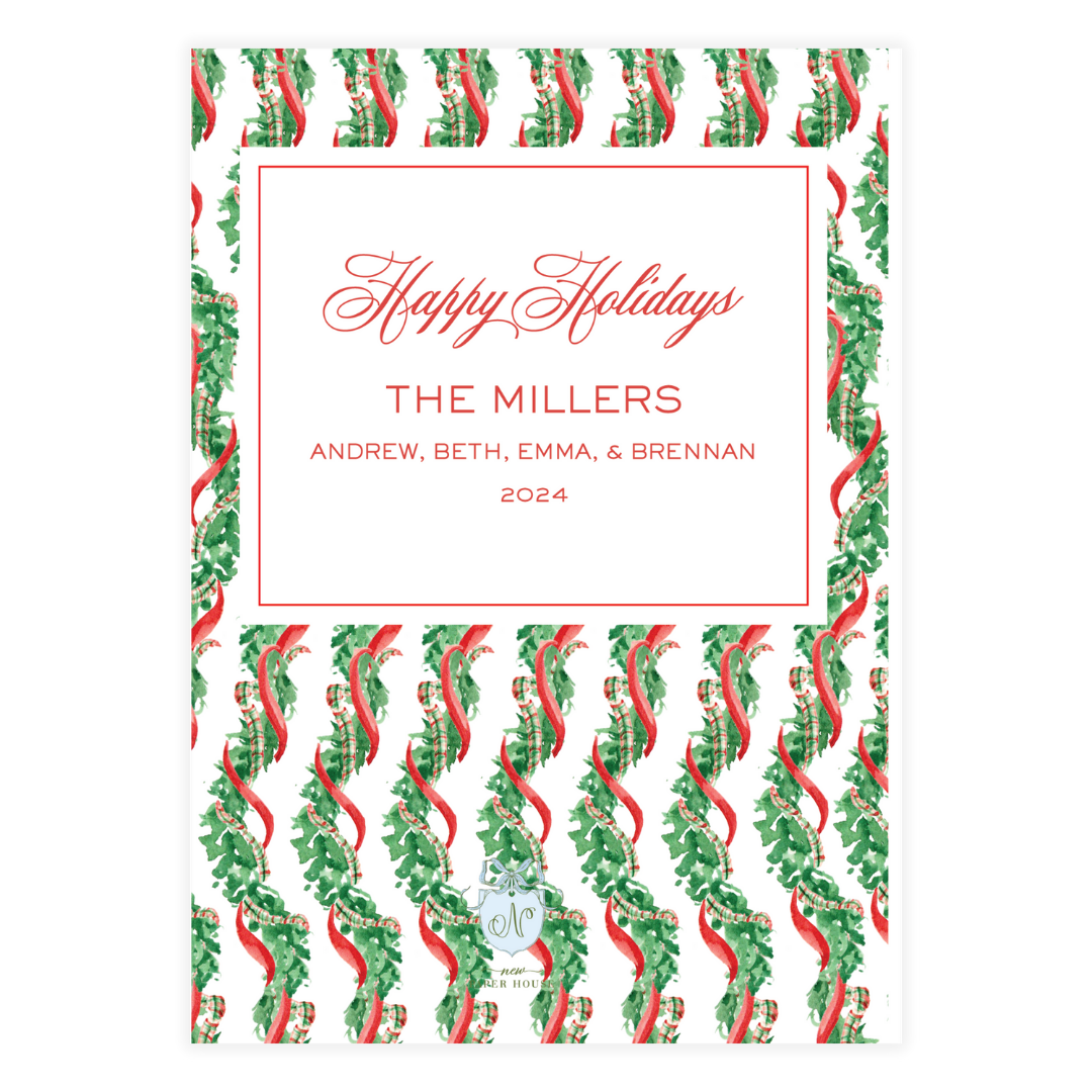 Classic Red Bow Oval Garland Frame Holiday Card