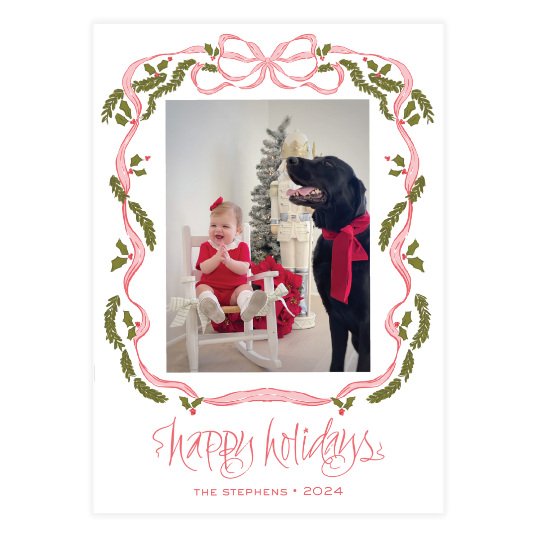 Pink Bow Mistletoe Frame Holiday Card