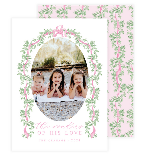 Pink Holly Oval Garland Frame Holiday Card