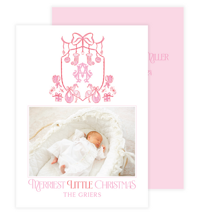 Stork Baby Pink Crest Holiday Card