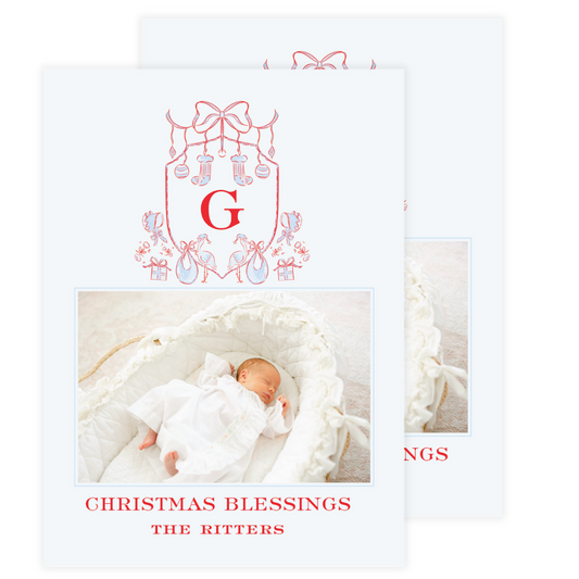 Stork Baby Blue  Crest Holiday Card