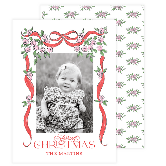 Pink Rose Red Bow Garland Frame Holiday Card