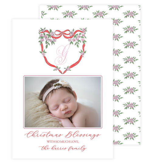 Pink Rose Red Bow Crest Holiday Card