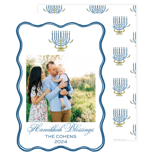 Hanukkiah (top) Wavy Frame Blue Holiday Card