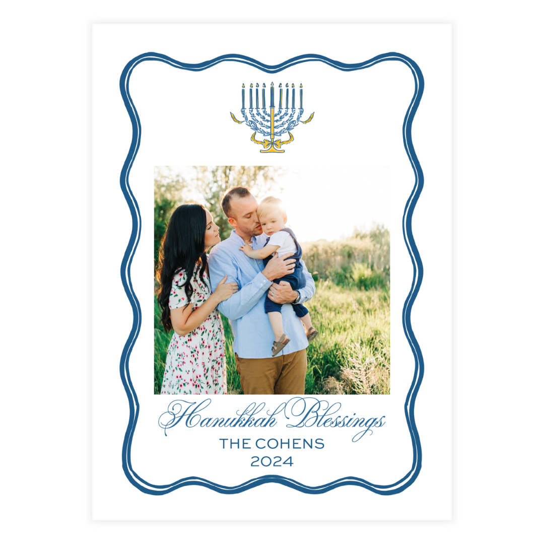 Hanukkiah (top) Wavy Frame Blue Holiday Card