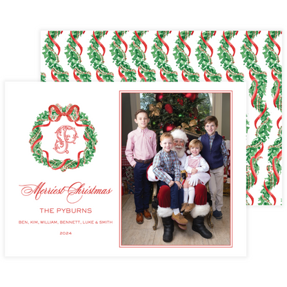 Classic Red Bow Wreath Holiday Card