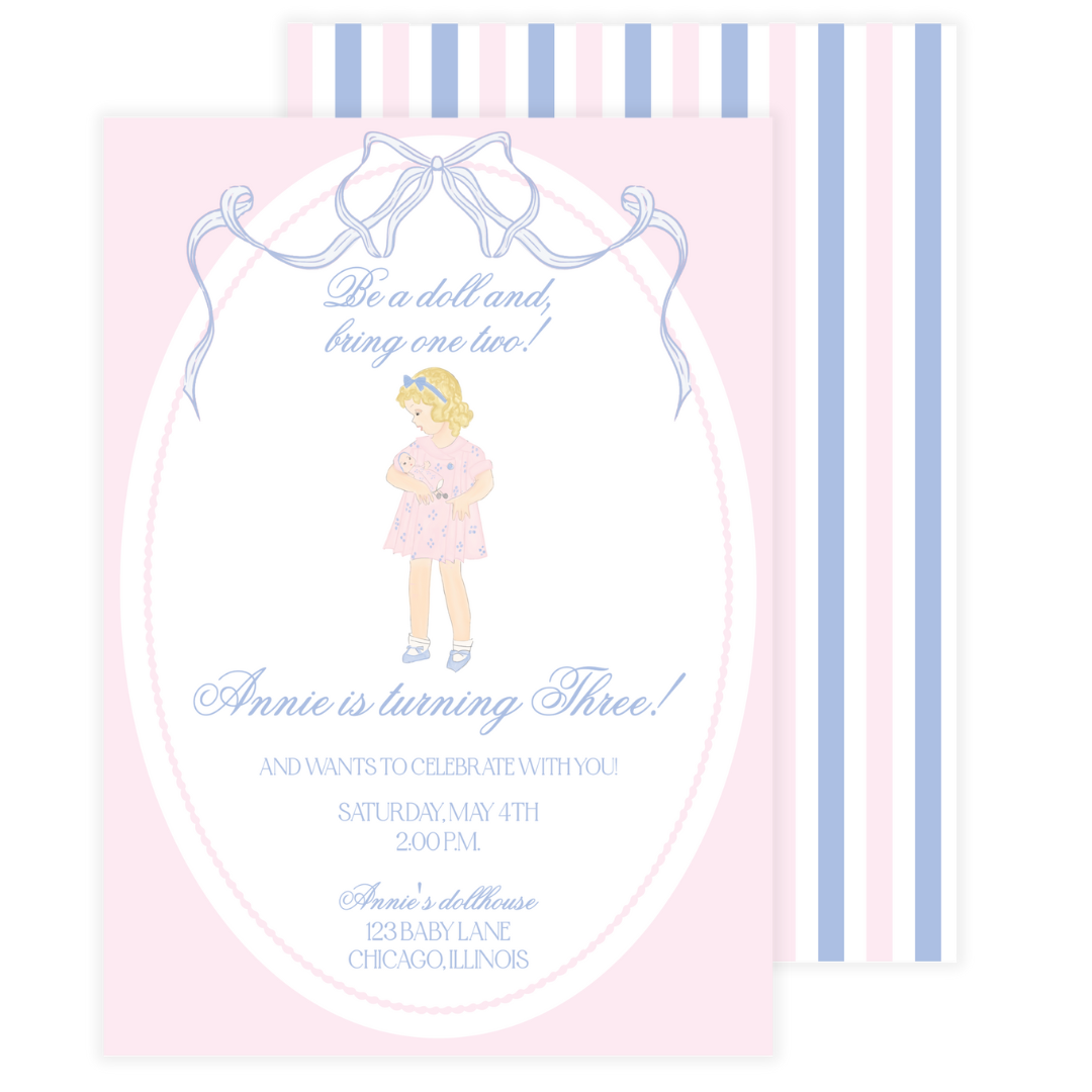 Girl with Doll Pink & Blue Birthday Invitation