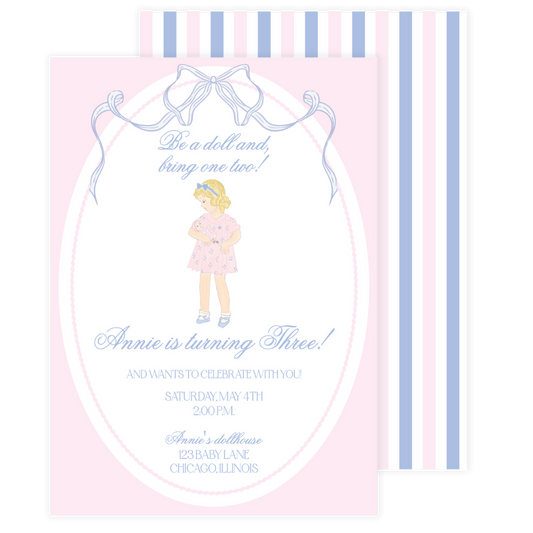 Girl with Doll Pink & Blue Birthday Invitation