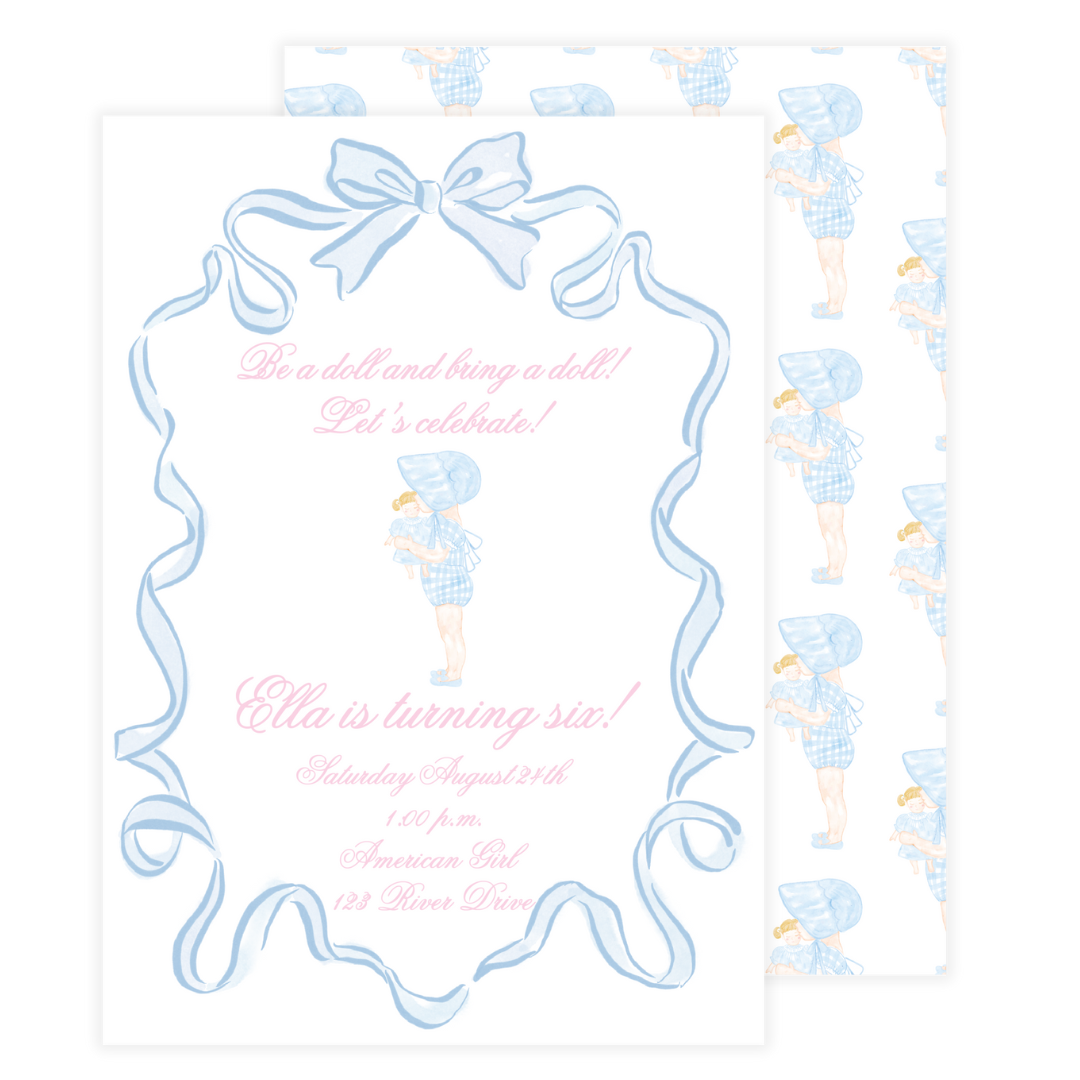 Be A Doll, Bring a Doll Blue Birthday Invitation