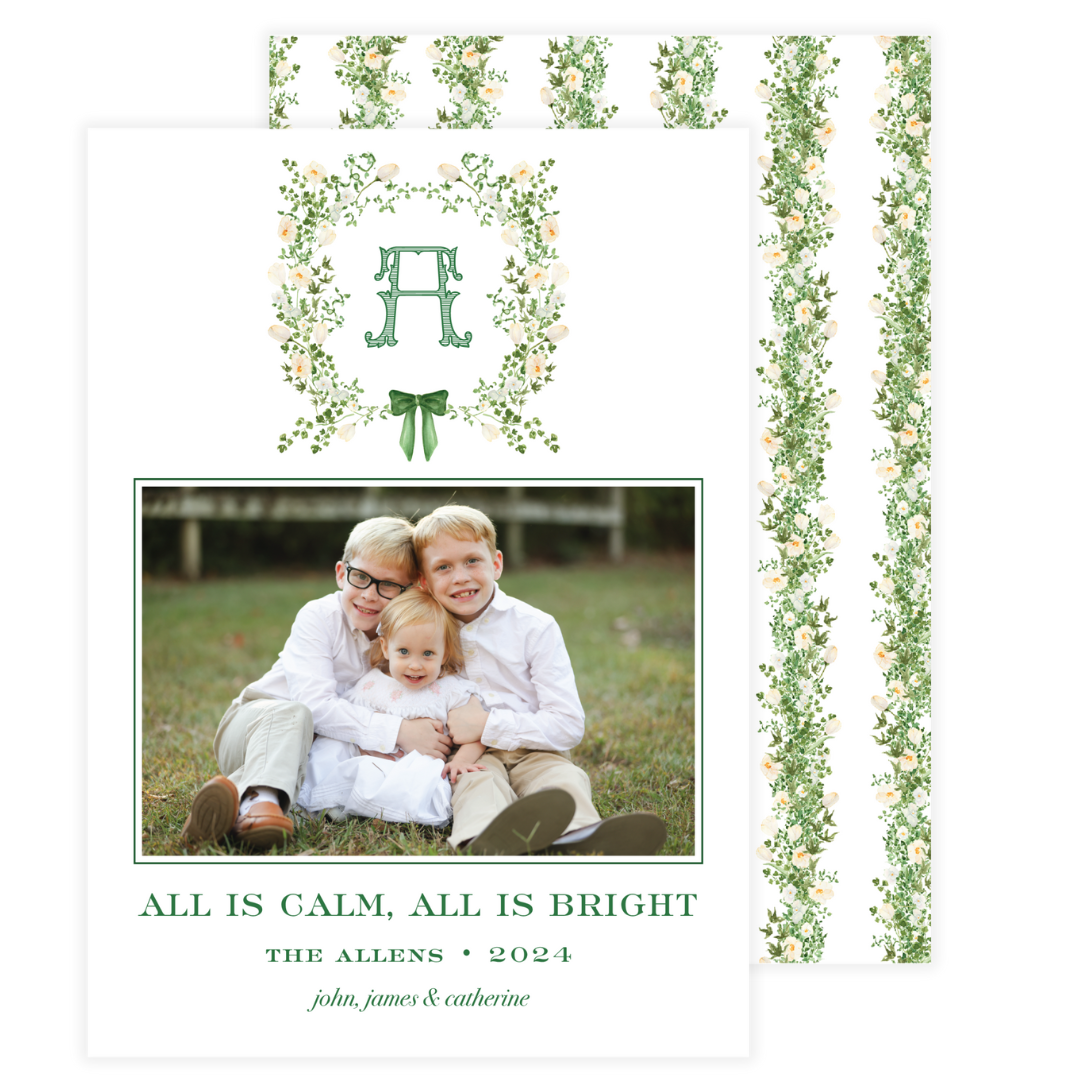 Green & White Floral Crest Card