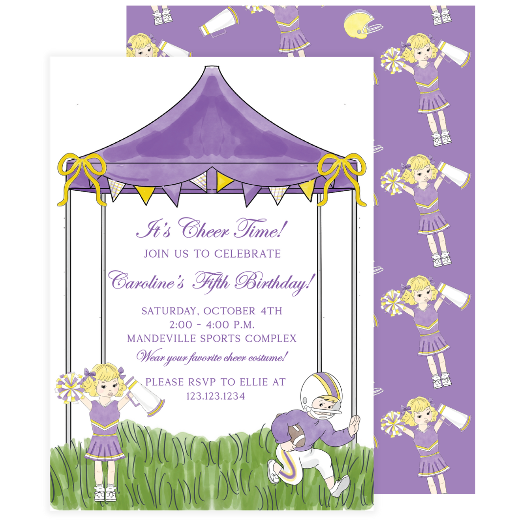 LSU Cheer Birthday Party Invitation (Customize Cheerleader Hair Color)