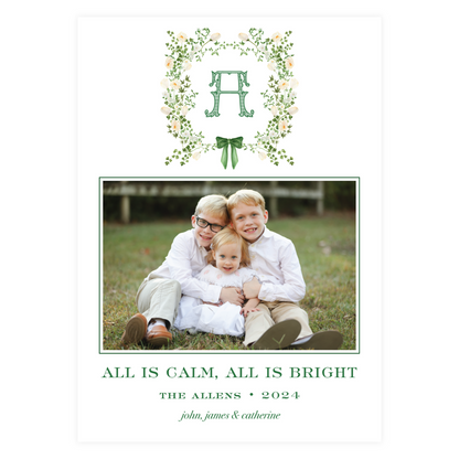 Green & White Floral Crest Card