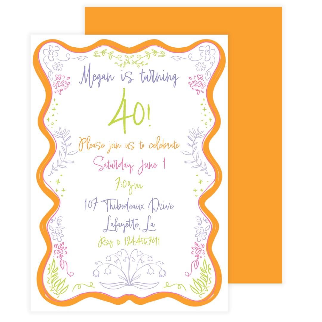 Floral Wavy Frame Border Birthday Invitation