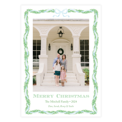 Blue Bow Garland Frame Holiday Card