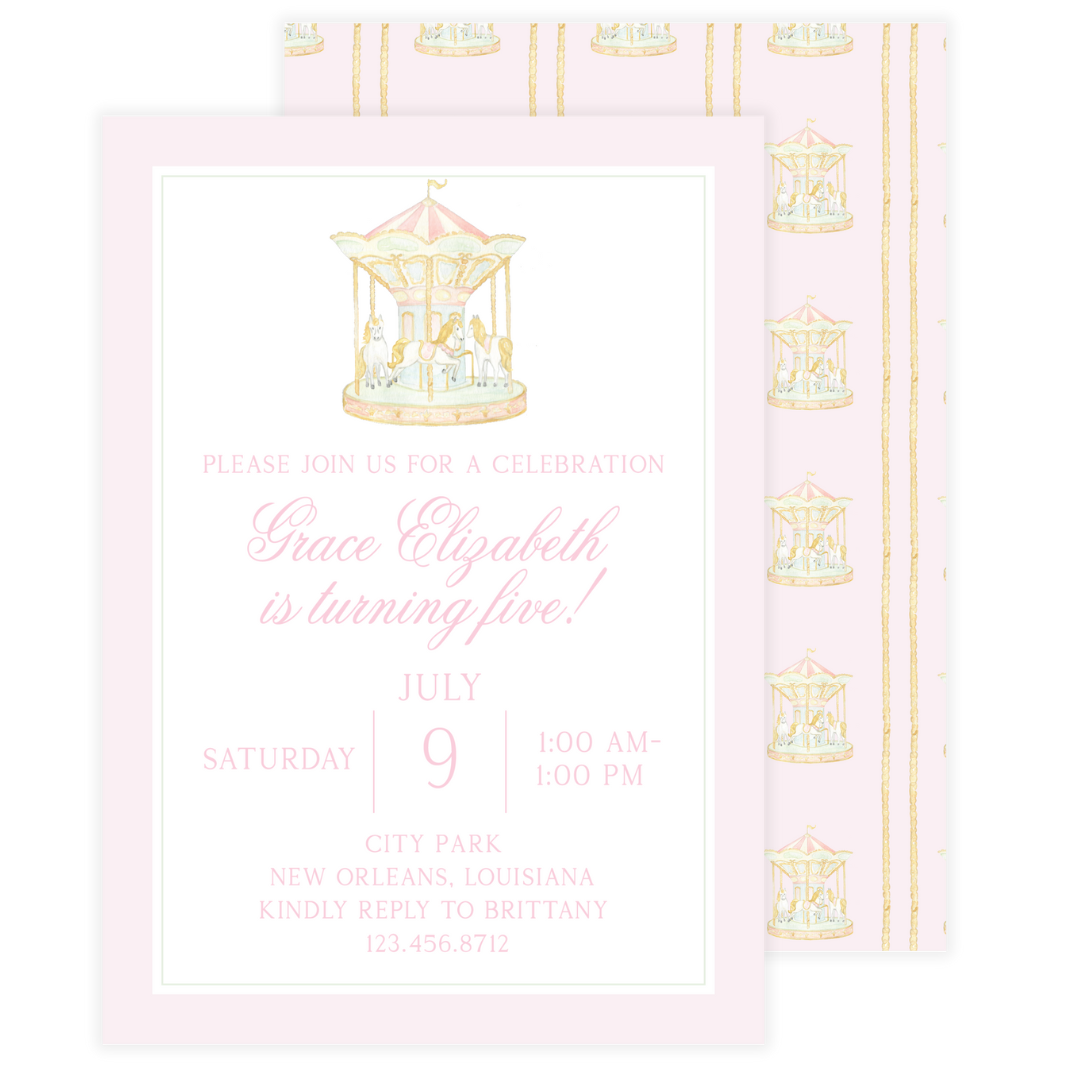 Pink Border Carousel Birthday Invitation