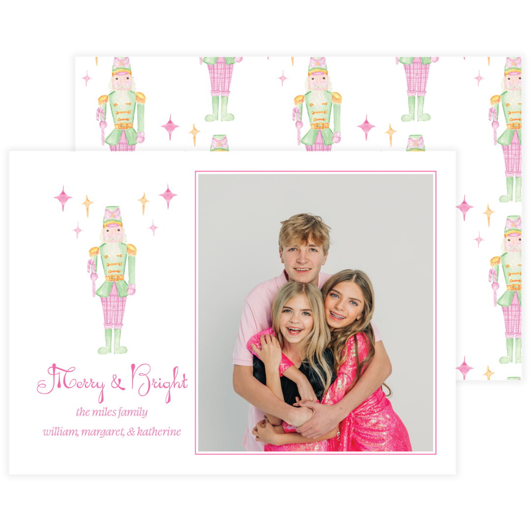 Pink & Gold Nutcracker with Stars Holiday Card