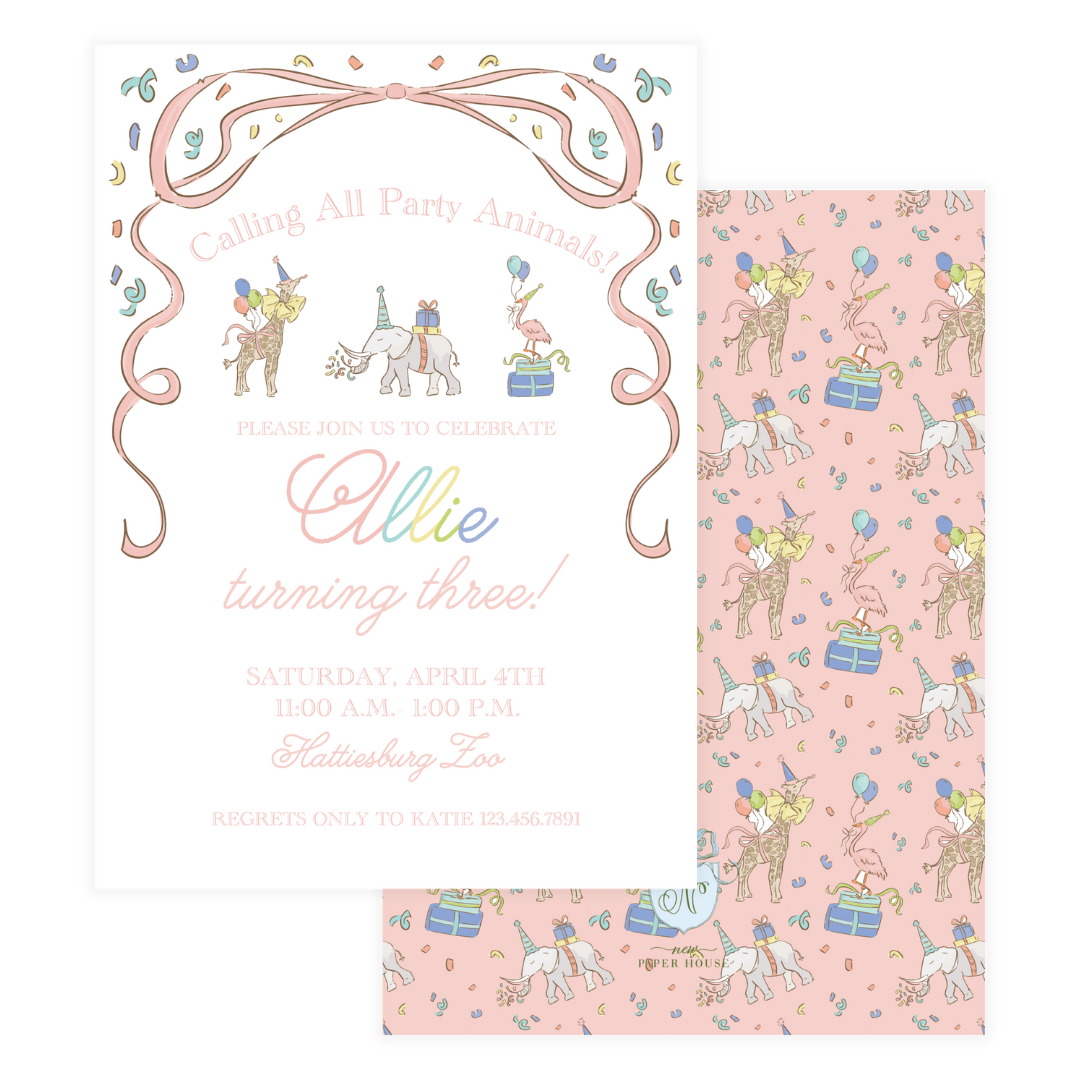 Pink Spring Party Animals Birthday Invitation