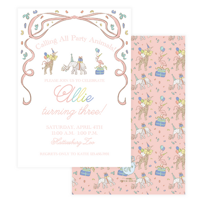 Pink Spring Party Animals Birthday Invitation