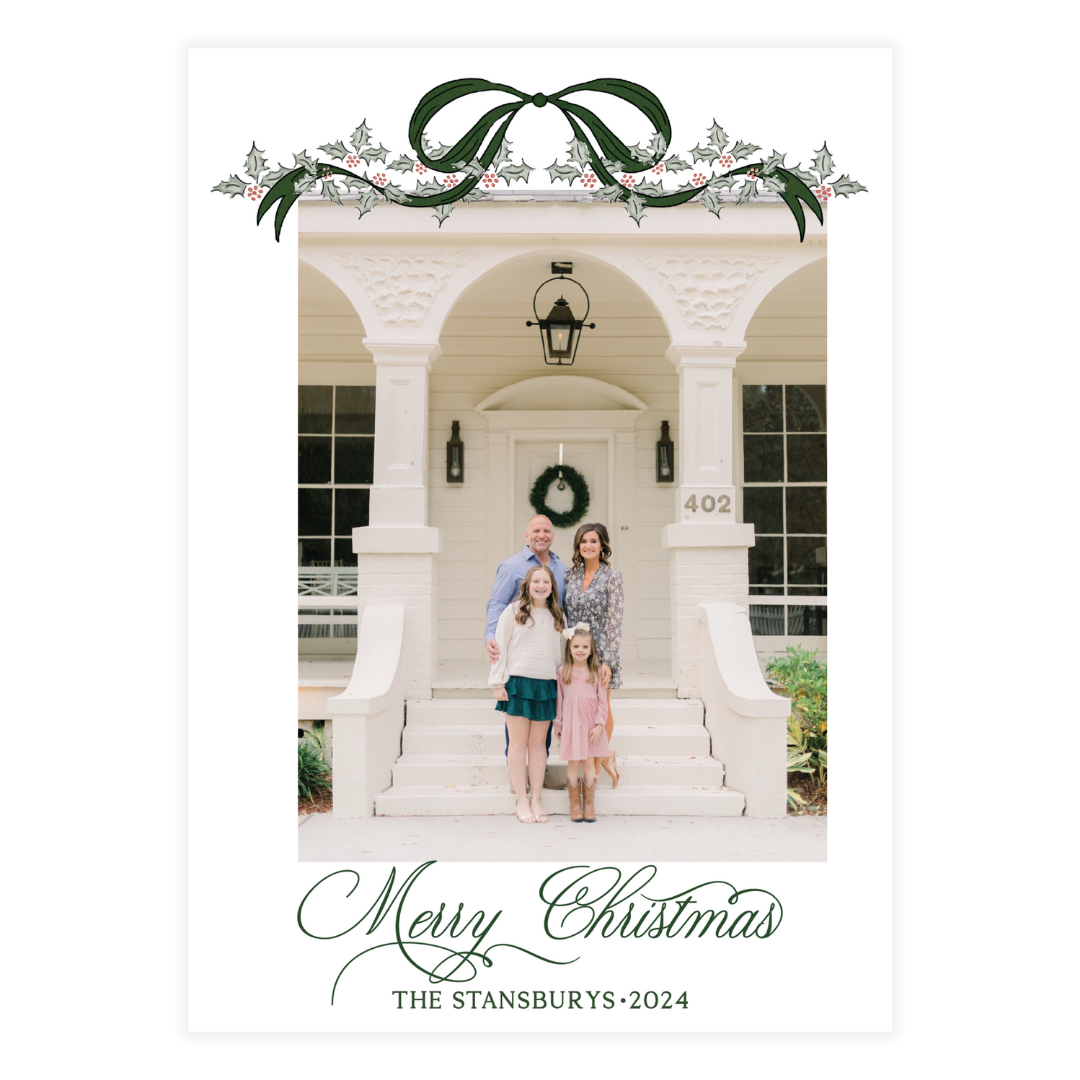 Green Bow Holly Garland Holiday Card