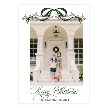 Green Bow Holly Garland Holiday Card