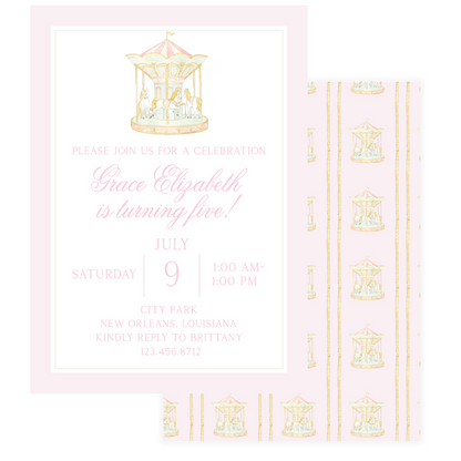 Pink Border Carousel Birthday Invitation