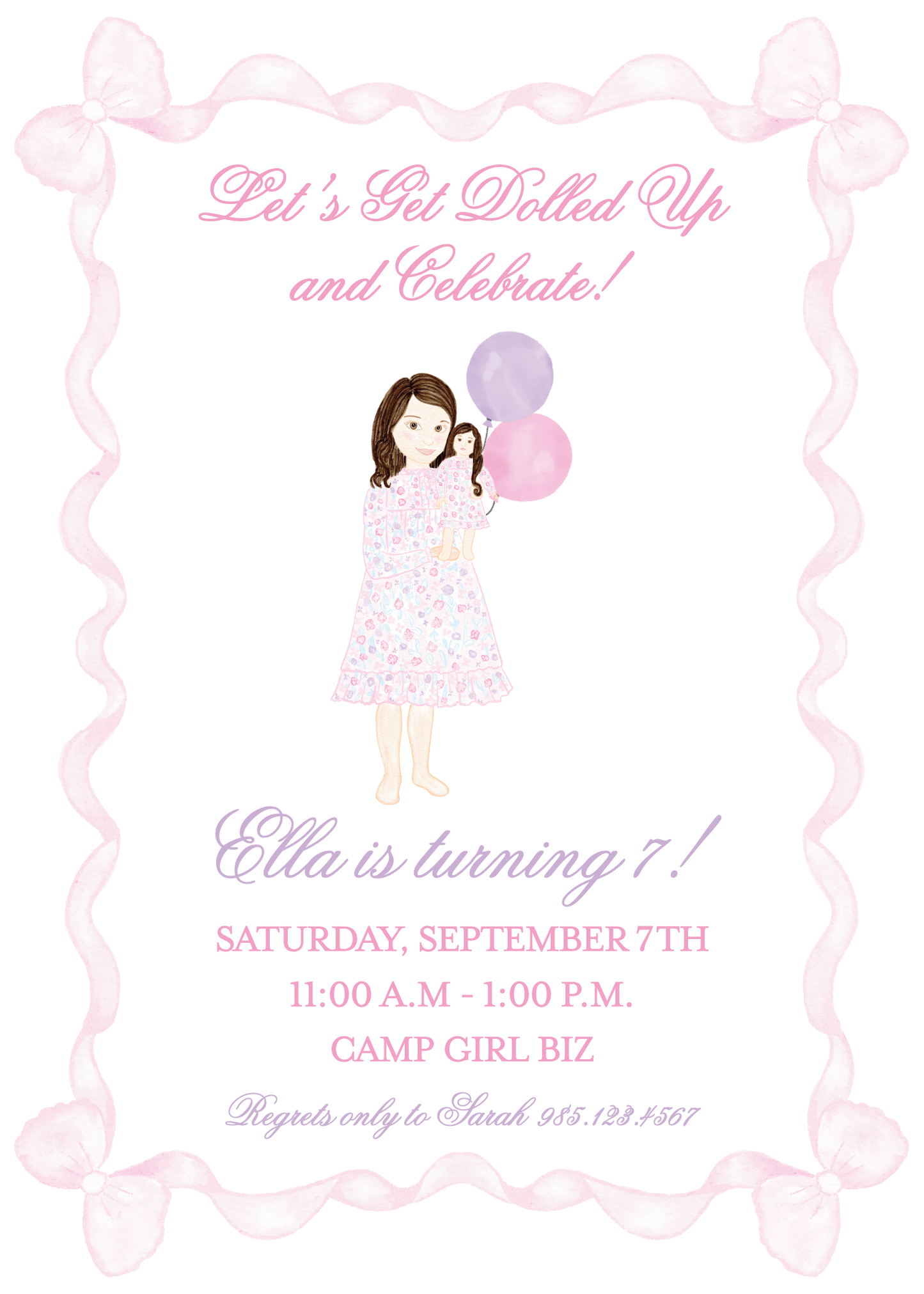 American Girl Doll Birthday Invitation (Customize  Girl + Doll Color)