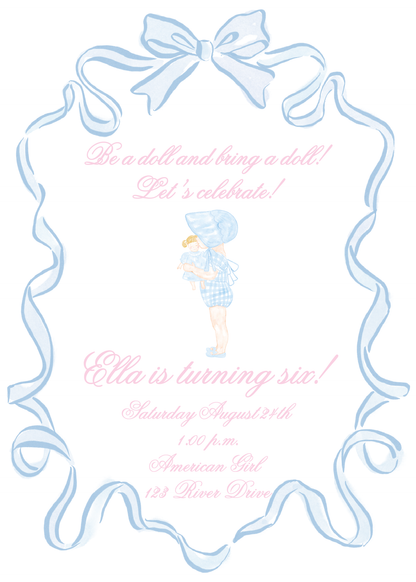 Be A Doll, Bring a Doll Blue Birthday Invitation