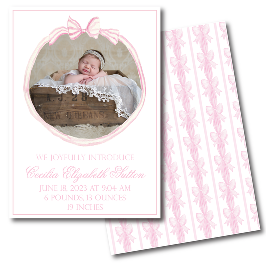 Circle Pink Bow Birth Announcement