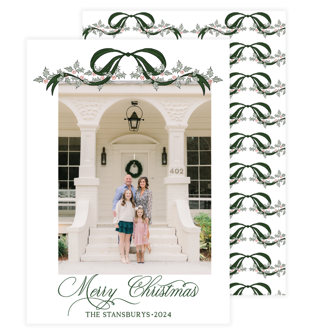 Green Bow Holly Garland Holiday Card