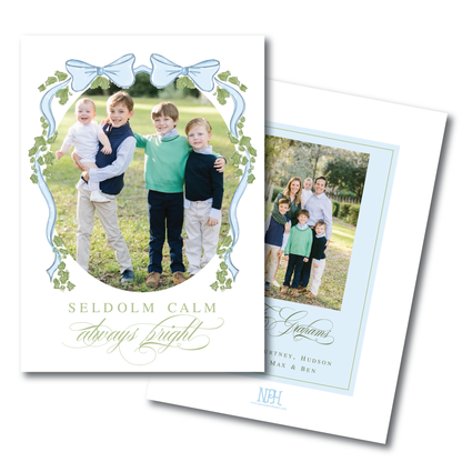 Blue Bow & Green Garland Holiday Card