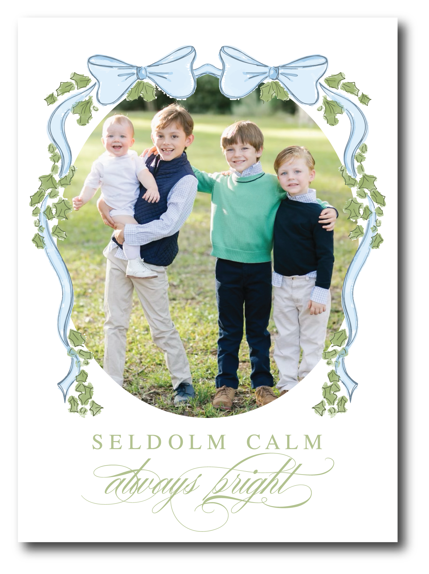 Blue Bow & Green Garland Holiday Card