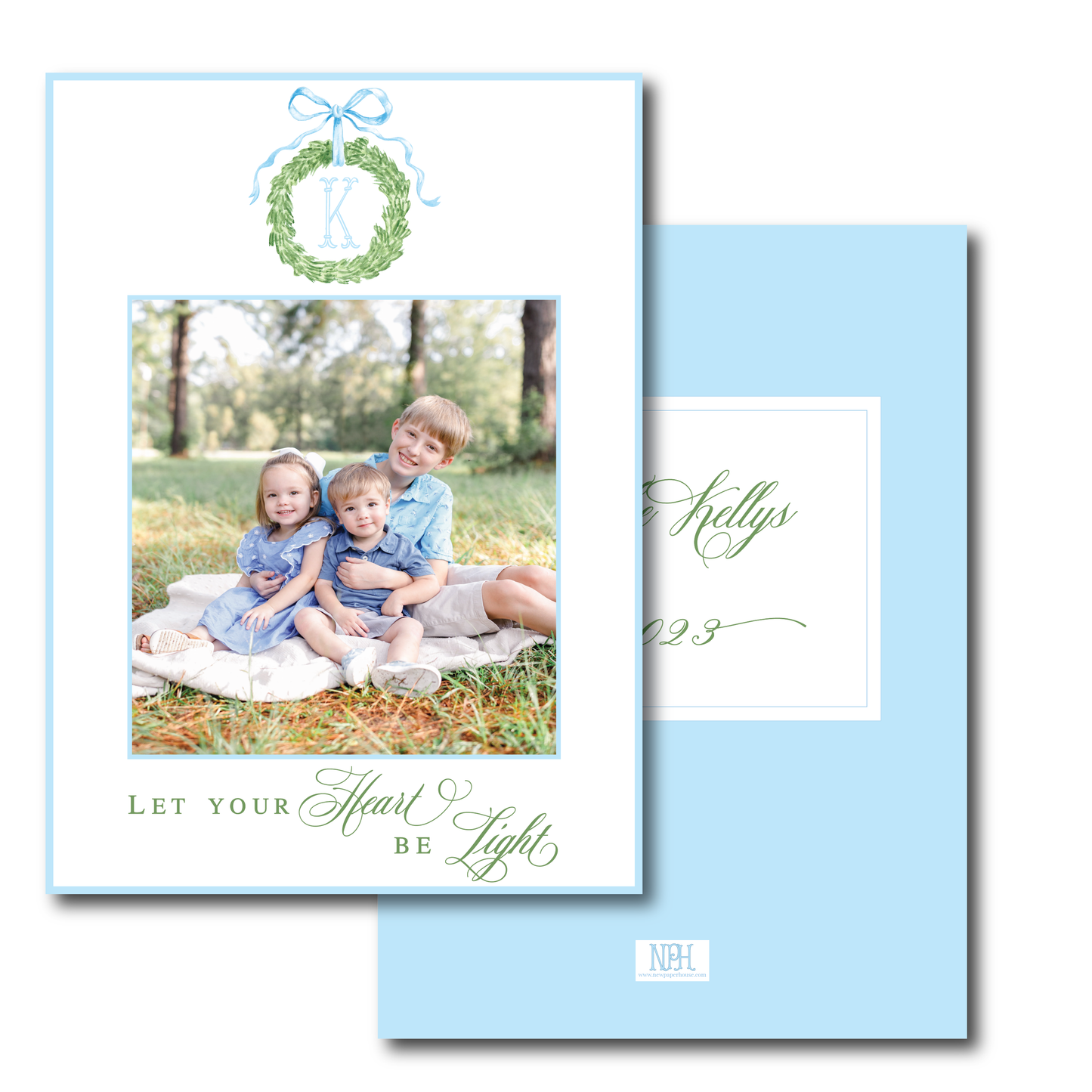 Blue Bow Monogram Wreath Holiday Card