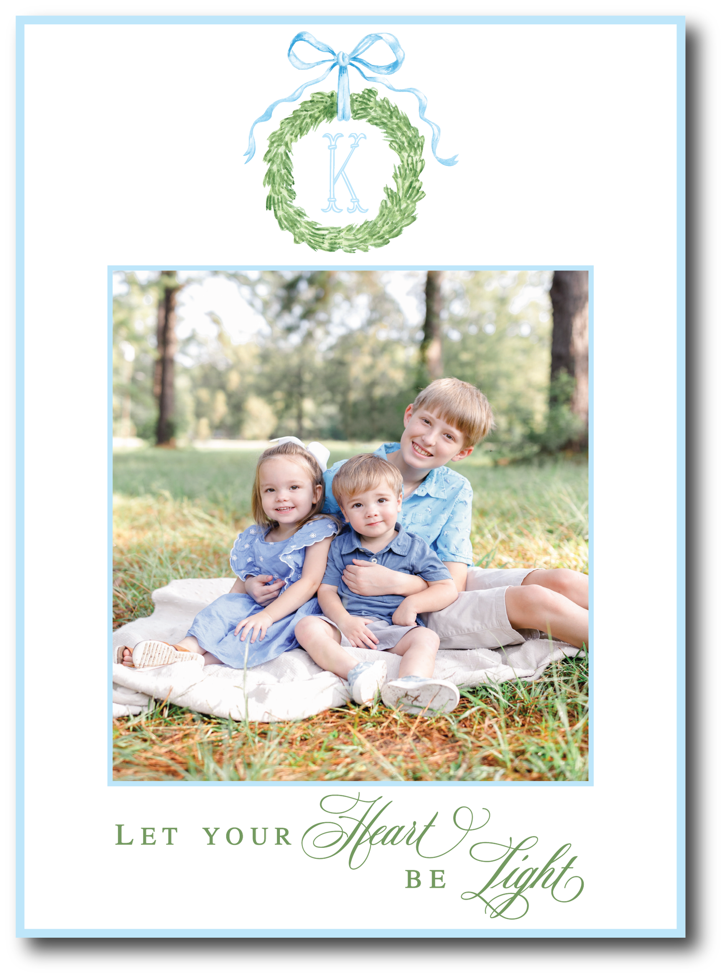 Blue Bow Monogram Wreath Holiday Card