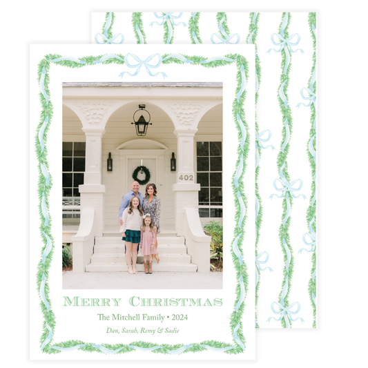 Blue Bow Garland Frame Holiday Card