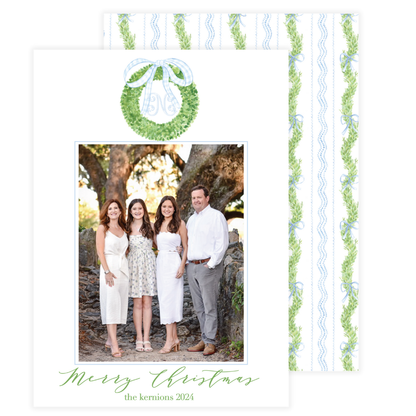 Blue Bow Wreath with Monogram Holiday Card