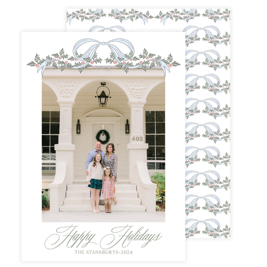 Blue Bow Holly Garland Holiday Card