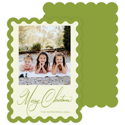 Green Thick Border Scallop Die Cut Holiday Card (Colors Customizable)