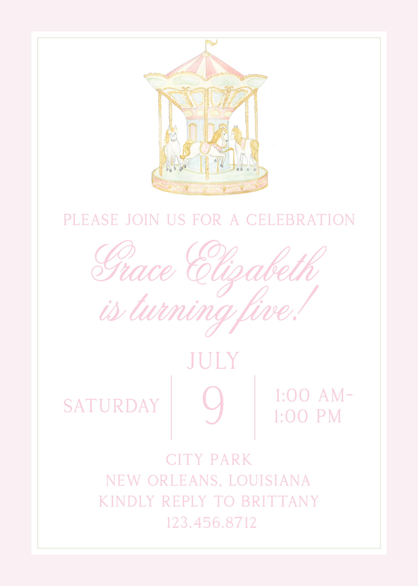 Pink Border Carousel Birthday Invitation