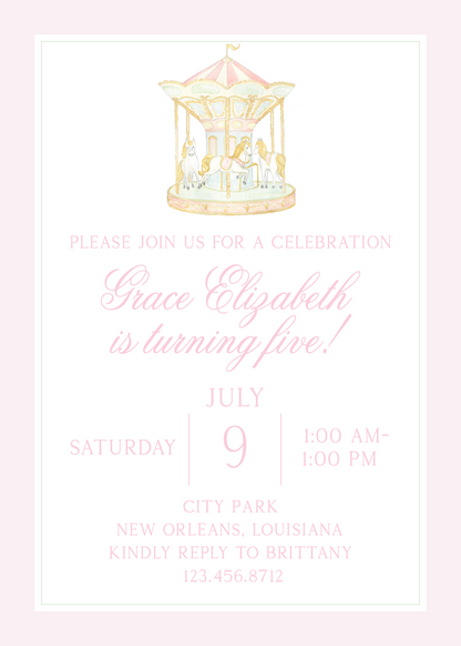 Pink Border Carousel Birthday Invitation