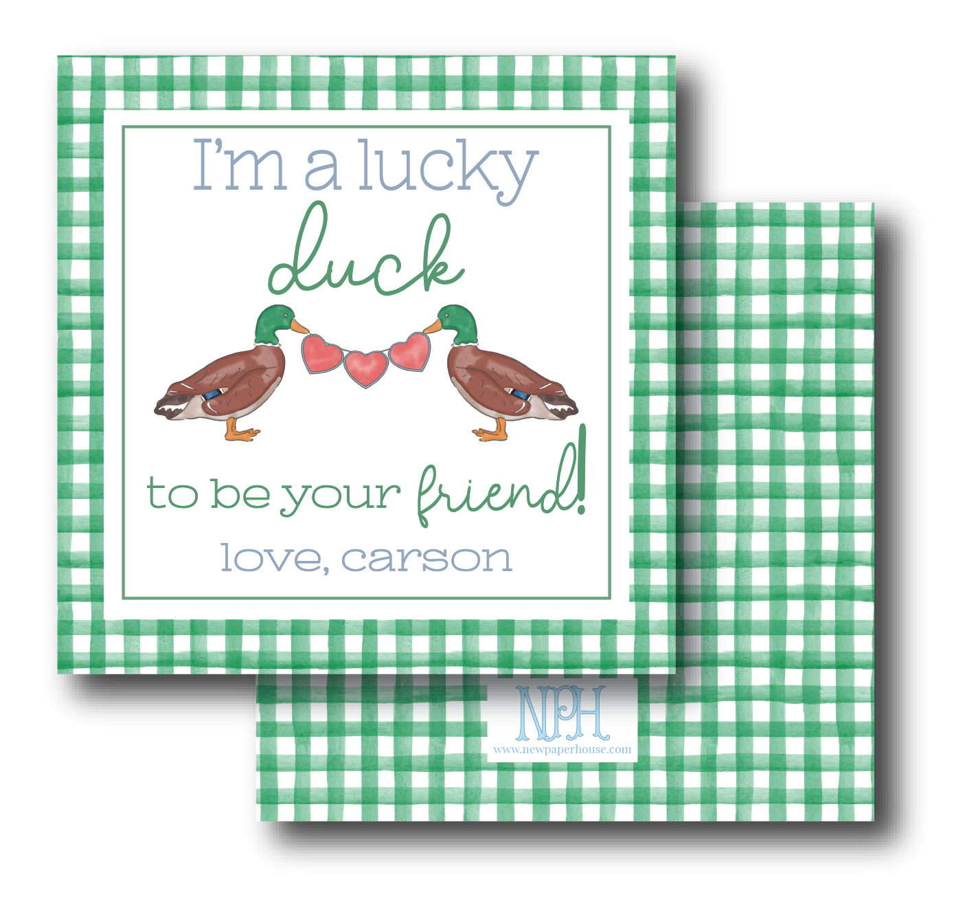 Lucky Duck Green Gingham Valentine's Enclosure Card