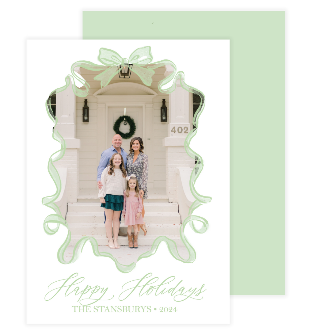 Light Green Tulle Wavy Bow Frame Holiday Card