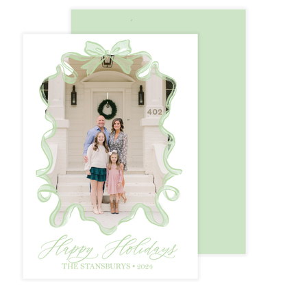 Light Green Tulle Wavy Bow Frame Holiday Card