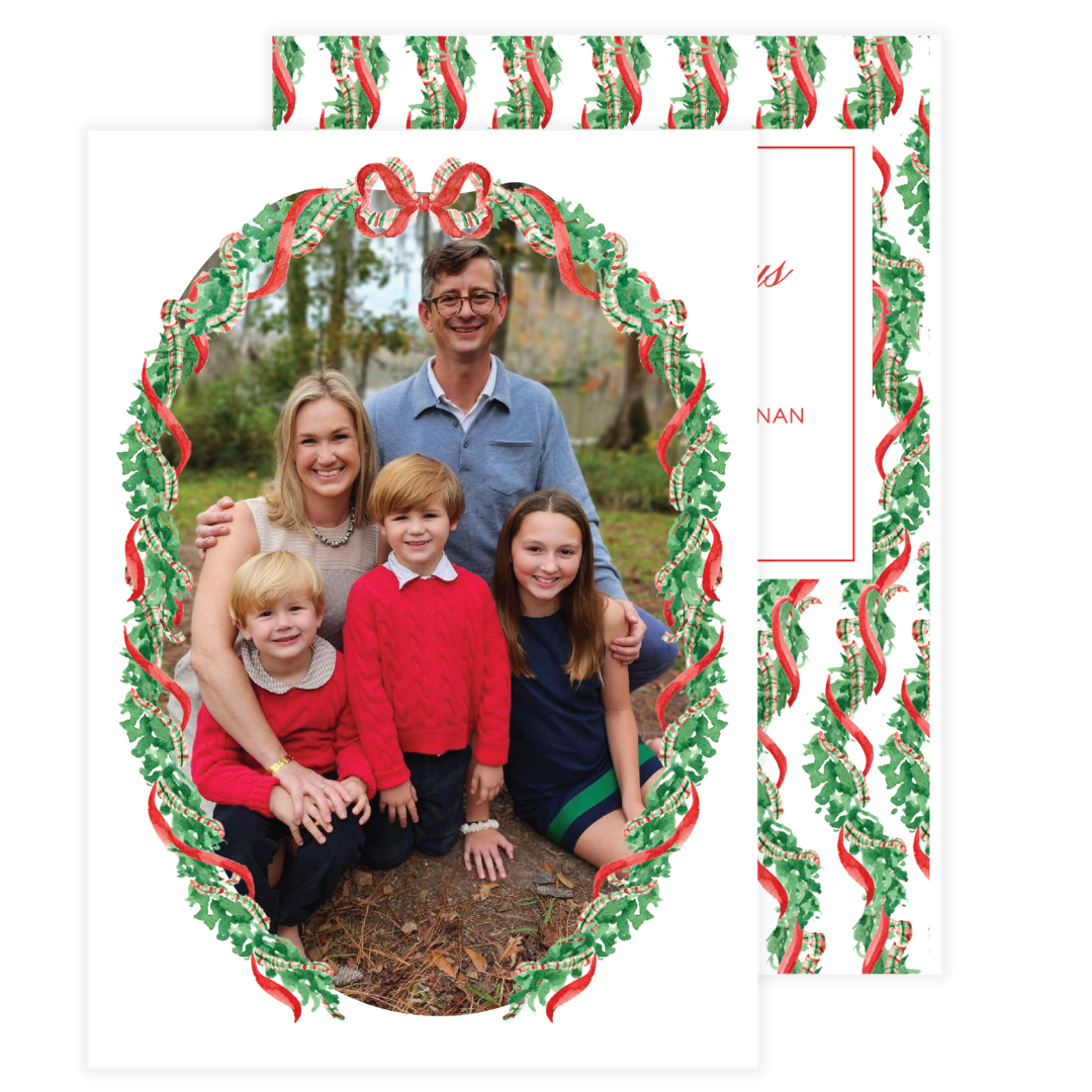 Classic Red Bow Oval Garland Frame Holiday Card