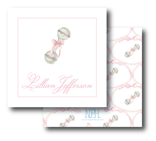 Heirloom Pink, Blue, or Ivory Baby Rattle Enclosure Card