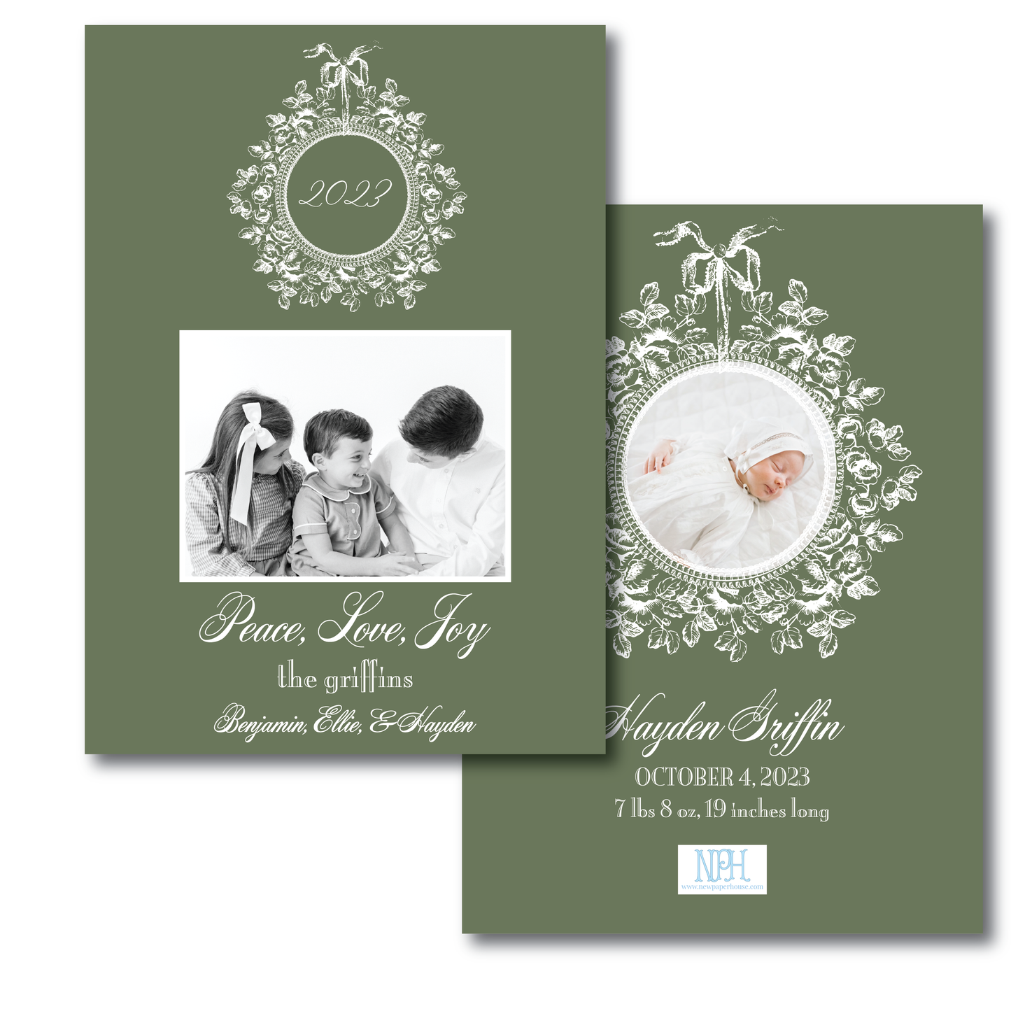 Sage Green Bow & Leaves Crest Holiday Card