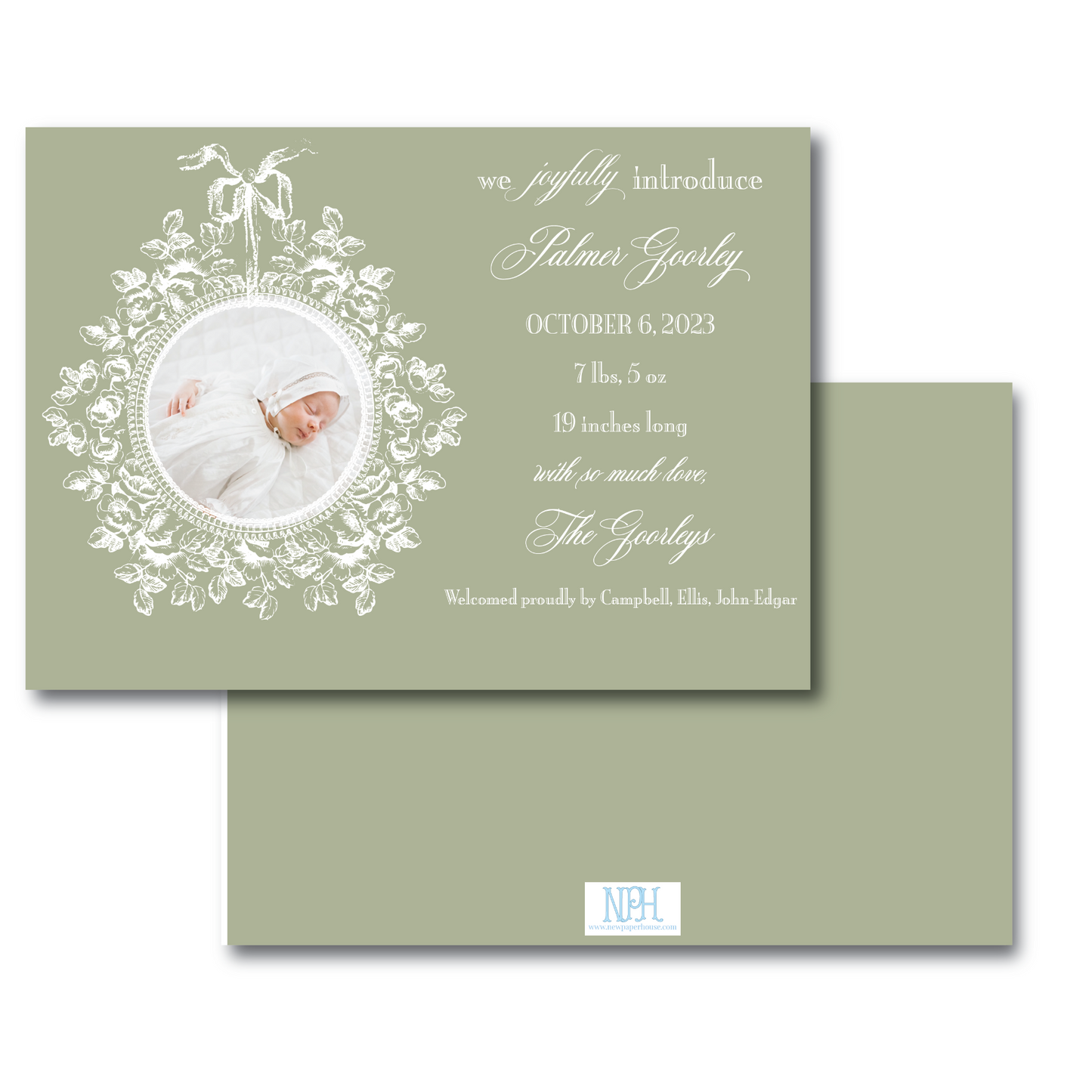 Celadon Green Bow & Leaves Crest Holiday Card