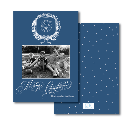 French Blue Bow Crest Holiday Card